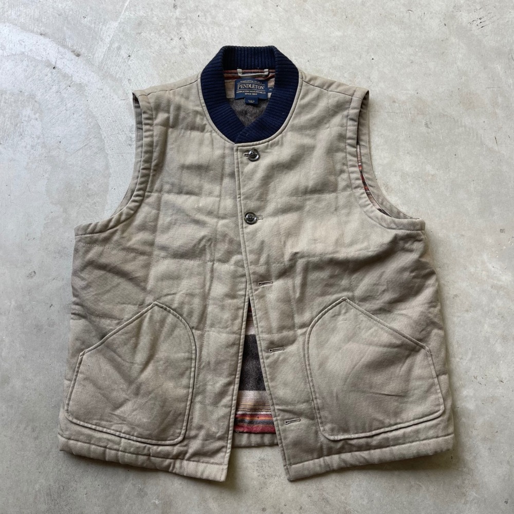 Pendleton Mens Quilted Canvas Vest Tan Wool Blend Lined XL Workwear Utility